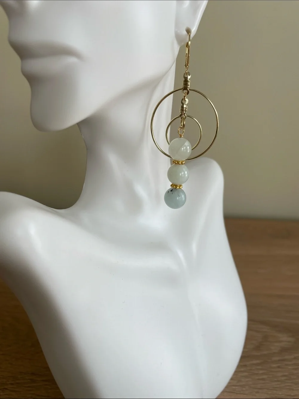 HAND CRAFTED AMAZONITE NATURAL STONE GOLD DOUBLE HOOP EARRINGS Dangle Boho Chic